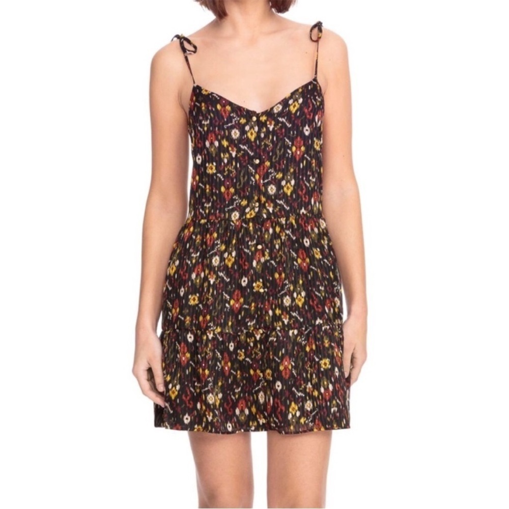 Sézane Felicie Tiered Tie Strap Mini Dress In Black Floral Ikat FR Size 34, US 2